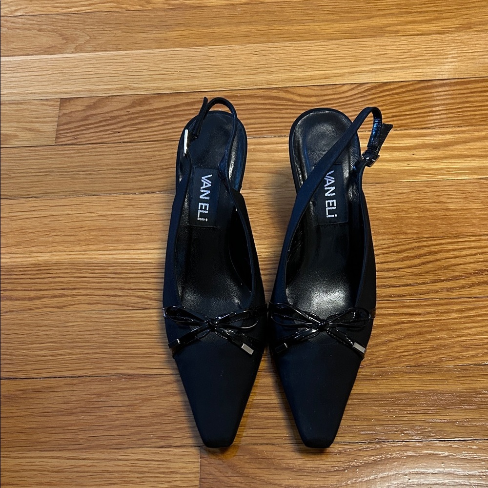 Vaneli Black Pointed Slingback Mules with Bow Accent